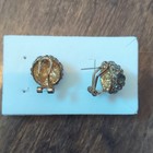 Vintage Gold Tone Blue Round Rhinestone Cluster Dome Hinged Clasp Stud Earrings