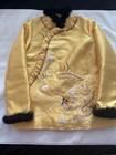 Women   s Chinese Dragon Embroidered Gold Satin Jacket Faux Fur Trim Size S