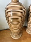 Vintage Mid Century Modern Lamp Pair Ceramic Tan Striped Mcm Atomic Textured