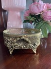 Vintage Ornate Gold Filigree Oval Glass Vanity Jewelry Box With Hinged Lid