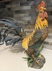 Vintage Resin Rooster Chicken Statue W tin Tail Feathers grass    Flowers  