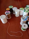 Lot Of 45 Vintage Sewing Thread Spools Blue green neutral    Brands Plastic Wood