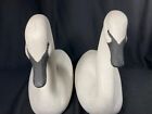 Hand Carved Vintage White Decoy Swans Wood Sculptures Pair Set Of 2 Nice 