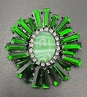 Huge Brooch Pin Green Rhinestone Oval Ruffle J42