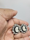 Vintage Black Cameo Clip-on Earrings Faux Seed Pearl Rhinestone Silver Tone   