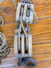 Wood Metal Block Tackle Double Pulley Farm maritime Rig W  Rope  Antique Vtg