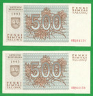Lithuania Consecutive Numbers Pair 500 Talonu 1993 Unc Wolves 5244