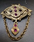 Ajc  Gold Dangle Pink Stone Oval Chain  Brooch Pin Jewelry Vintage Antique  13g