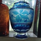 Antique Blue Cut To  Clear Hand Blown Glass Decanter With Stopper Berry Pattern