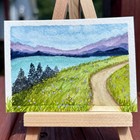 Aceo Original Art Painting Watercolor Mountain Lake Path Tiny Art Birdinatreeart