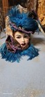 Vintage Blue Lady Face Art Ceramic  Mask With Feathers W Tags Wall Decor 