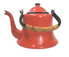 Vtg Red Enamelware Tea Pot Kettle Asahi Japan Rattan Wrap Handle             