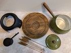 Vintage Mcm Avocado Green Fondue Set With 8 Forks Burner Stand  Wood Base 