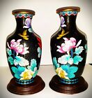 Vintage Pair Jingtailan Cloisonne Vases Chrysanthemums   Birds Rosewood Stands