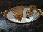 Vintage Oval Mirror Vanity Tray With 24k Gold Plate Perfume Bottle  jewelry Box