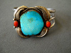 Uncas Southwest Turquoise   Coral Accents Sterling Silver Cuff Bracelet Signed