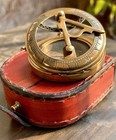 Vintage Maritime Pocket Sundial Nautical Brass Compass With Antique Leather Case