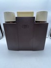 Vintage 70s Thermos Picnic Set W carry Hard Case Brown Wood Grain And Ivory
