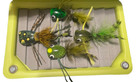 Assortment 4 Bass Fly Fishing Flies  frog Poppers Paterns  In Orvis Foam Fly Box