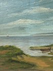 Antique Oil Painting  Beach Motif With Sailing Ship In The Horizon - Signed