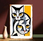 Picasso Cubist Cat Metal Wall Art 20x30 Modern Abstract Black White Yellow Decor