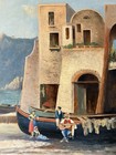 V Tagliarino Antique Figurative Landscape Seascape Oil Painting Vintage Boat 50s