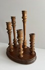 Vintage Mcm Wooden Candelabra 5 Spindle Taper Candle Holders Centerpiece