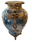 9-3 4    Japanese Satsuma Meiji Period Blue Vase Moriage Dragons W white Flowers