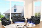 New Led 3pc Sofa Loveseat Chair Recliner Set Black Leather Gel Bluetooth Speaker