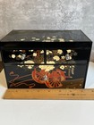 Vtg Japanese Black Lacquer Jewerly Box 3 Drawer Mirron Floral Gilt Maki-e Style