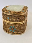 Chinese  Jewelled Gilt Silver Box With Jade Inlaid Top