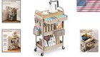 Khaki Metal Rolling Utility Cart  Wood Top  Hanging Baskets