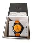 Timex Navi Xl Quartz 43mm 100m Orange Dial Date Black Case Brown Strap W box