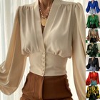 Women Blouse Long Sleeve Shirts Ladies Loose Business V Neck Tunic Shirt