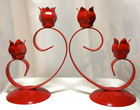 Set Of 2  Red Metal Double Flower Candle Holder  Made In The Uk