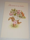 Vintage Thank You Greeting Card  Bunny Rabbit Holding Flowers  4 3 4  Used