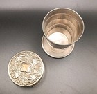 Vintage Metal Collapsible Travel Drink Cup Ornate Repousse Lid Patd Feb 1897 