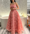 Pink 3d Rose Flower Formal Evening Dresses Strapless Tulle Prom Party Gowns