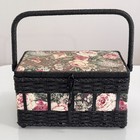 Vintage Sewing Basket Wicker Floral Storage Box Handle Trinket Organizer 11  