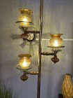 Vintage 60 s Tension Pole Lamp 3 Lights-w-hurricane   Amber Crackle Glass Shades