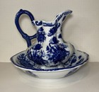Vintage Cracker Barrel Retired Flow Blue White Porcelain Large Pitcher   Bowl