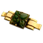 Vintage 1930s Art Deco Bakelite Carved Green Flower Brass-tone Bar Pin Brooch