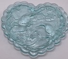 Fenton Glass Aqua Hummingbird Floral Scallop Lid Heart Shaped Trinket Box  13