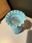 Antique Blue Milk Glass Vase Victorian   Hand Blown Ruffled Edge Thin Delicate