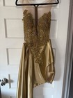 Gold Satin Polyester Formal Evening Gown With Beaded Bodice And Long Train