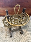 C 1800 Sliding Brass Hearth Trivet  Wrought Iron Base  Hanging Hooks 