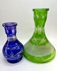 2 Vintage Decanter Bottle Vase Green Glass Cobalt Blue Floral Stripe Etched Mcm