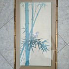 Vintage Hand Painted Silk Art- Bird   Bamboo 31 X 17 Framed Original Asian Decor