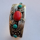 Vintage Navajo Old Pawn Sterling Silver Cuff Bracelet Turquoise Red Coral Stones