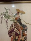 Vintage Japanese Oriental Painting On Silk Of Geisha Girl Framed 13x16   